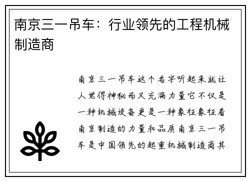 南京三一吊车:行业领先的工程机械制造商