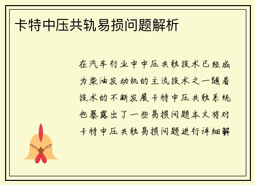 卡特中压共轨易损问题解析
