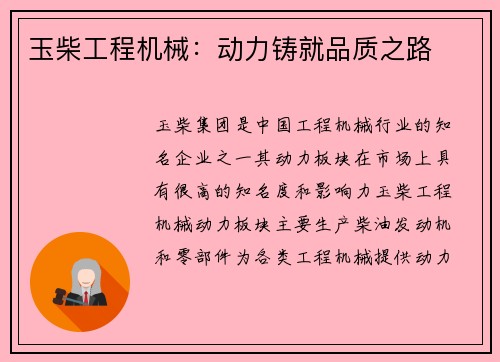 玉柴工程机械:动力铸就品质之路