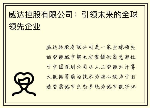 威达控股有限公司：引领未来的全球领先企业