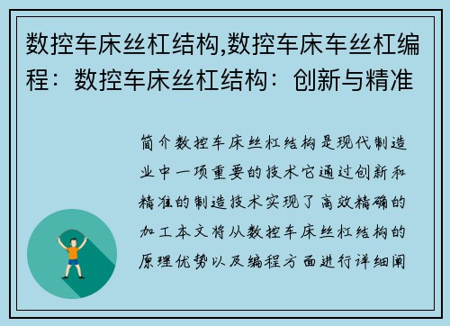 数控车床丝杠结构,数控车床车丝杠编程：数控车床丝杠结构：创新与精准的制造技术